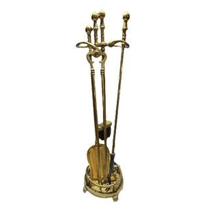 Fireplace Tool Set Brass & Mix 5pc w/ Stand Poker Tongs Shovel Brush Hearth VTG